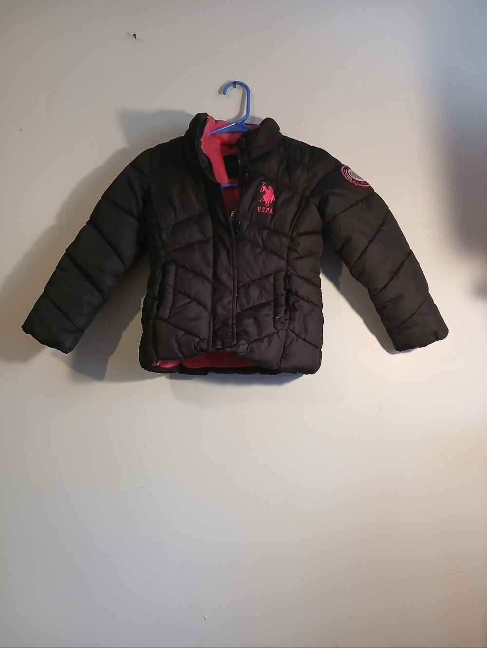 U.S. Polo Assn.  Girls Black Puffer Jacket with Pink Logo and Lining Size 5/6.